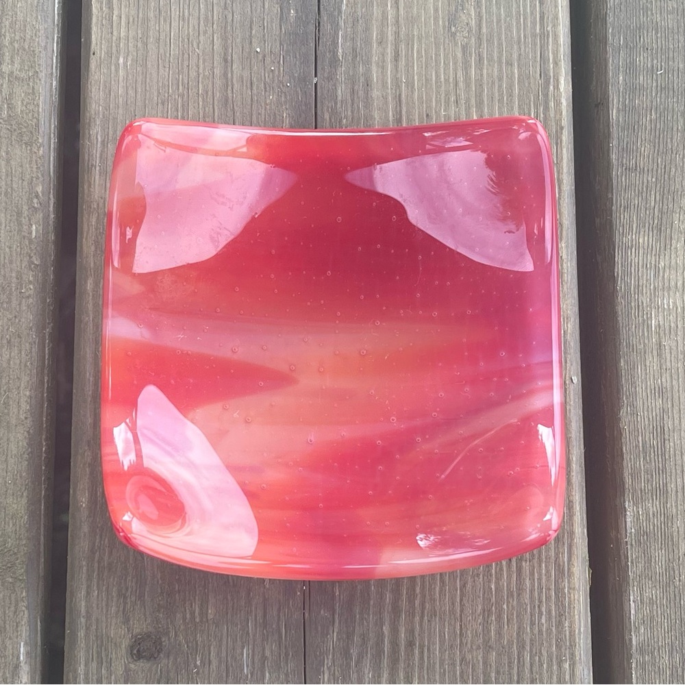 Fused Glass Pink, Red, and White Swirl Trinket Dish Tealight Holder Catchall